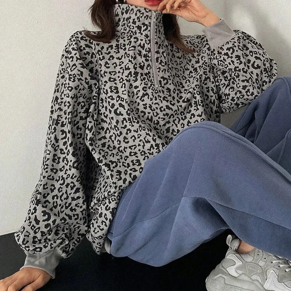 Grey Casual Women's Leopard Print Drop Shoulder Zipper Half Placket Sweatshirt - Picture 8 of 8